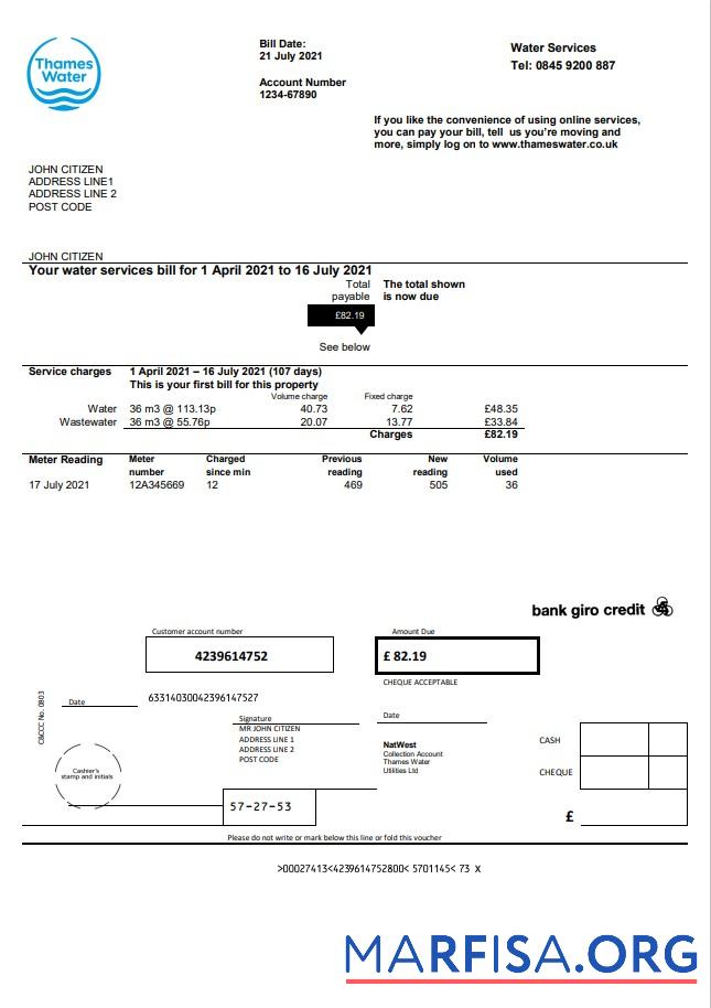 Downloadable United Kingdom Thames Water utility bill template in Word and PDF format